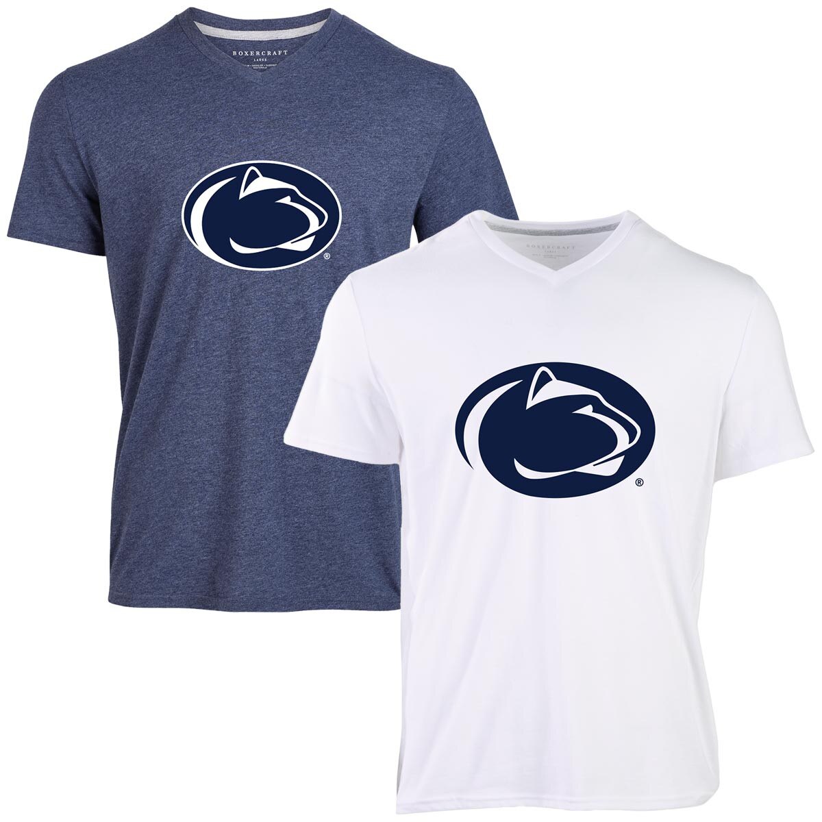 navy and white short sleeve t-shirts with v-necks Penn State Athletic Logo on chests